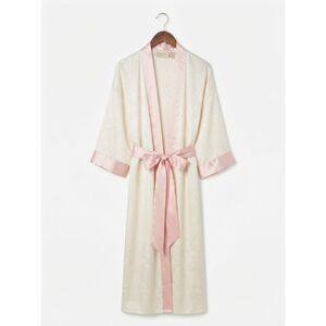 Vintage Gold Label Victoria's Secret Ivory Floral Jacquard Satin Robe Pink Trim